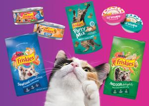 Cat pawing at a variety of Friskies products