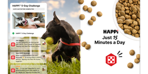 A dog plays while phone notifications show Happi 5-Day Challenge progress. Text reads: Happi Just 15 Minutes a Day