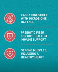 Easily digestible with microbiome balance, prebiotic fiber for gut health and immune support, strong muscles including a healthy heart