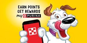 Hamlet excitedly holding a phone promoting “Earn points, get rewards, myPurina”