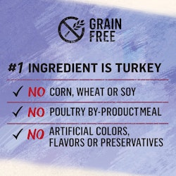 No corn, wheat, soy, poultry by-product meal, artificial colors, flavors, or preservatives