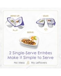 Two break-apart tubs. Two single serve entrees. No mess, no leftovers.