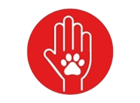 red circle with human hand and pet paw illustration on top