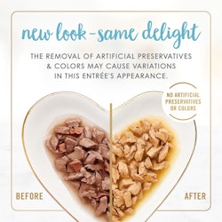 New look - same delight. The removal of artificial preservatives & colors may cause variations in this entrée's appearance. No artificial preservatives or colors.