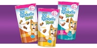 Kit & Kaboodle cat treats bags on a purple background.