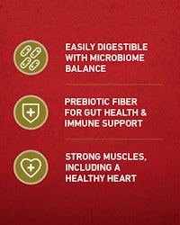 Easily digestible with microbiome balance, prebiotic fiber for gut health and immune support, strong muscles including a healthy heart