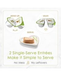 Two break-apart tubs. Two single serve entrees. No mess, no leftovers.
