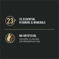 veintitrés vitaminas y minerales esenciales y sin colorantes, saborizantes ni conservantes artificiales