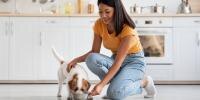 una joven agachándose para alimentar a un perro