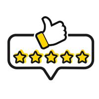 speech bubble with a thumbs up and 5 yellow stars