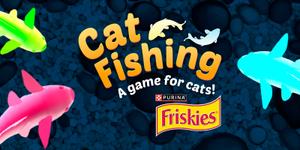 The Friskies logo and fish swimming around the words “Cat Fishing a game for cats”