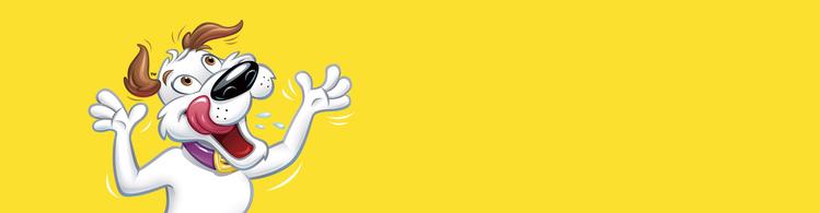 Beggin Hamlet dog character on yellow background