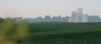 A field of grass with a Purina building in the background