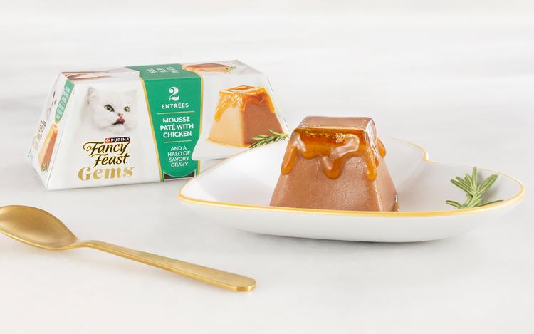 Fancy Feast Gems product displayed on plate with spoon and package