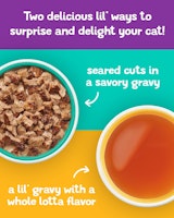 Two delicious lil' ways to suprise and delight your cat! Seared cuts in a savory gravy. A lil' gravy with a whole lotta flavor.