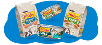 Friskies Favorites Wet and Dry Cat Food on blue, cloud shaped background