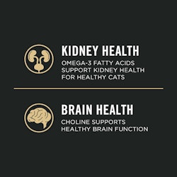 Kidney health, Omega-3 fatty acids support kidney health for healthy cats. Brain health, choline supports healthy brain function.