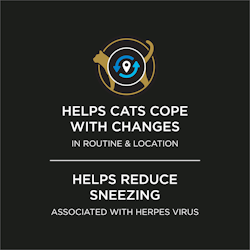Helps cats cope with changes in routine and location. Helps reduce sneezing associated with herpes virus.