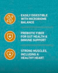 Se digiere con facilidad y equilibra el microbioma, ya que incorpora fibra prebiótica para favorecer la salud intestinal y el sistema inmunitario, fortalecer los músculos y contribuir a la salud del corazón.