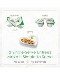 Two break-apart tubs. Two single serve entrees. No mess, no leftovers.