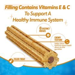 El relleno contiene vitaminas E y C que ayudan a apoyar un sistema inmunitario saludable. Un bocadillo relleno, con ocho surcos distintos y una textura masticable que ayuda a limpiar los dientes difíciles de alcanzar hasta la línea de las encías.