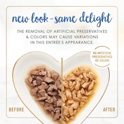 New look - same delight. The removal of artificial preservatives & colors may cause variations in this entrée's appearance. No artificial preservatives or colors.