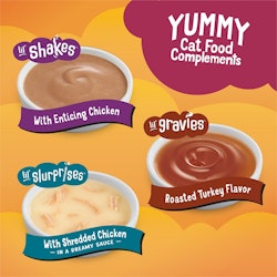 Yummy Cat Food Complements – Lil’ Shakes With Enticing Chicken, Lil’ Gravies Roasted Turkey Flavor, Lil’ Slurprises With Shredded Chicken in a Dreamy Sauce