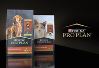 two Pro Plan dry pet food bags on black background with Pro Plan Logo