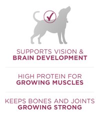apoya el desarrollo de la visión y del cerebro. Alto contenido de proteína para los músculos en crecimiento. Mantiene los huesos y las articulaciones en crecimiento fuertes.