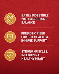 Easily digestible with microbiome balance. Prebiotic fiber for gut health and immune support. Strong muscles including a healthy heart