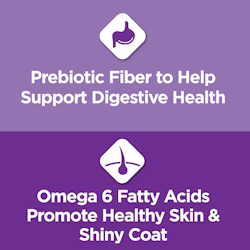 con fibra prebiótica para favorecer la salud digestiva y ácidos grasos omega 6 para mantener la piel sana y el pelaje brillante