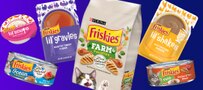 Friskies cat food products on a purple background