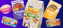 Productos alimenticios para gatos de Friskies sobre un fondo púrpura