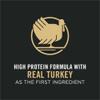 alta fórmula de proteína con pavo real como el primer ingrediente