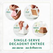 Fancy Feast Gems single-serve decadent entrée serving instructions for no mess or leftovers. 1: Peel. 2: Flip. 3: Pinch. 4: Serve.