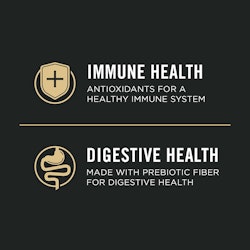 Immune health, antioxidants for a healty immune system. Digestive health, made with prebiotic fiber for digestive health.