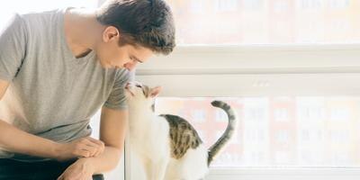 Man and cat looking at each other