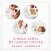 Fancy Feast Gems single-serve decadent entrée serving instructions for no mess or leftovers. 1: Peel. 2: Flip. 3: Pinch. 4: Serve.