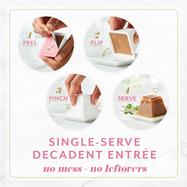 Fancy Feast Gems single-serve decadent entrée serving instructions for no mess or leftovers. 1: Peel. 2: Flip. 3: Pinch. 4: Serve.