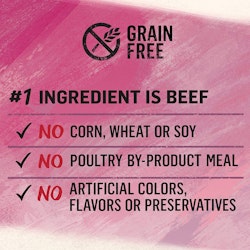 No corn, wheat, soy, poultry by-product meal, artificial colors, flavors, or preservatives