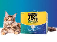 long haired cat next to Tidy Cats Tidy Care Comfort cat litter