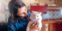 person in kitchen holding a white cat