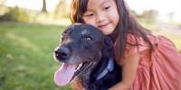 Una niña pequeña sostiene de cerca a su labrador negro sonriente