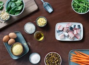 spinach leaves, string beans, eggs, salmon, carrots, oil, and other ingredients used to make Purina food