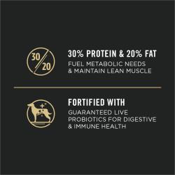 Contiene un 30 % de proteína y un 20 % de grasa, y está fortificado con probióticos vivos garantizados