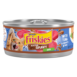 Friskies Extra Gravy Paté With Tuna In Savory Gravy Wet Cat Food package.