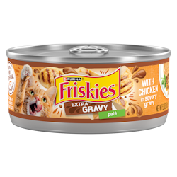 Friskies Extra Gravy Paté With Chicken In Savory Gravy Wet Cat Food package.