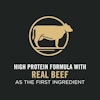 Fórmula rica en proteínas, cuyo ingrediente principal es la carne real de res.