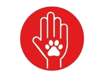 red circle with human hand and pet paw illustration on top