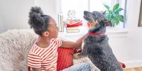girl smiling while petting a black and tan dog